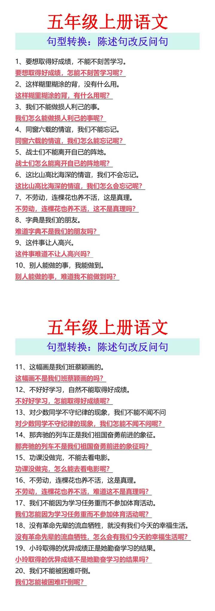 五年级上册语文 句型转换：陈述句改反问句