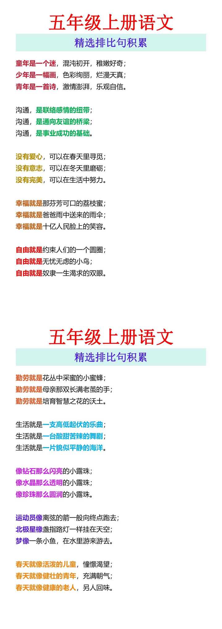 五年级上册语文 精选排比句积累