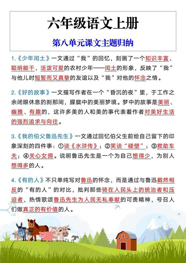 六年级语文上册第八单元课文主题归纳