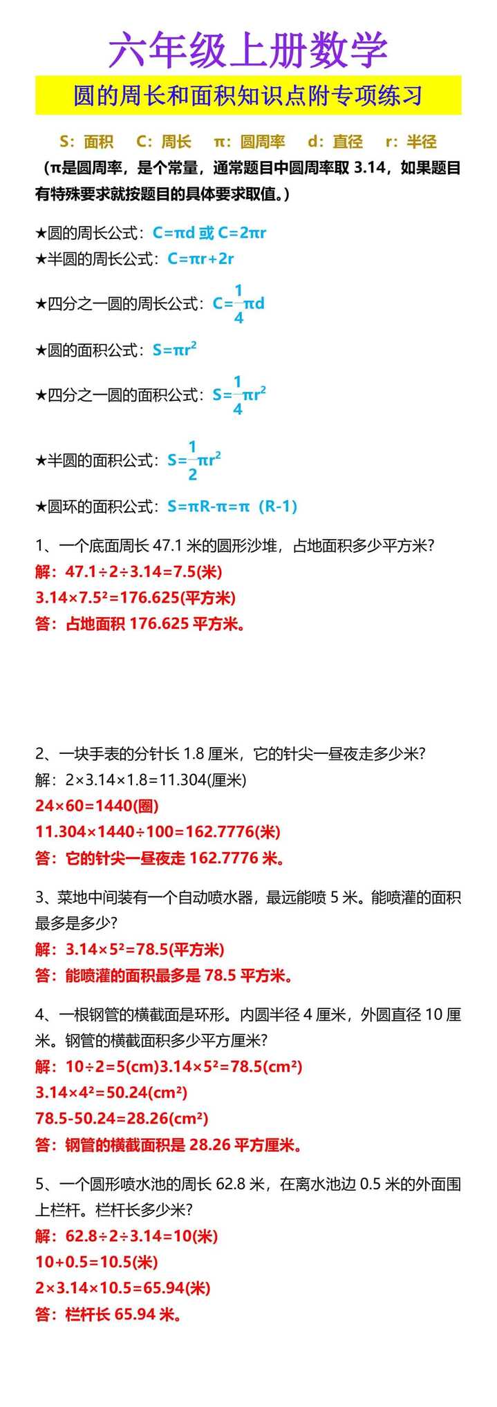 六年级上册数学 圆的周长和面积知识点附专项练习