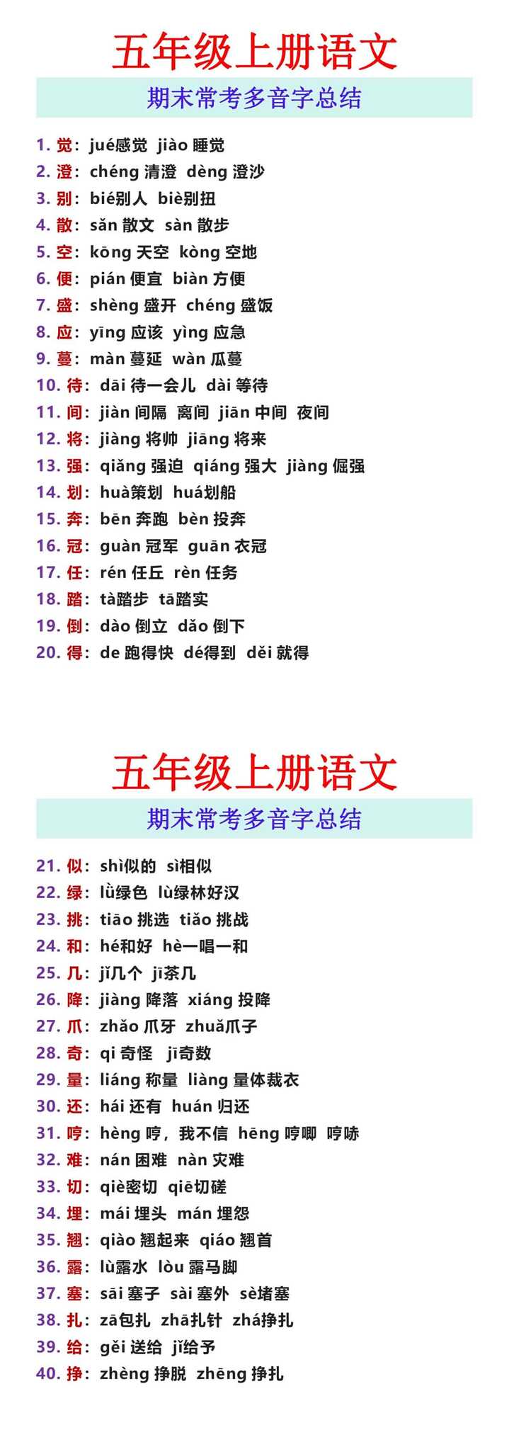 五年级上册语文 期末常考多音字总结
