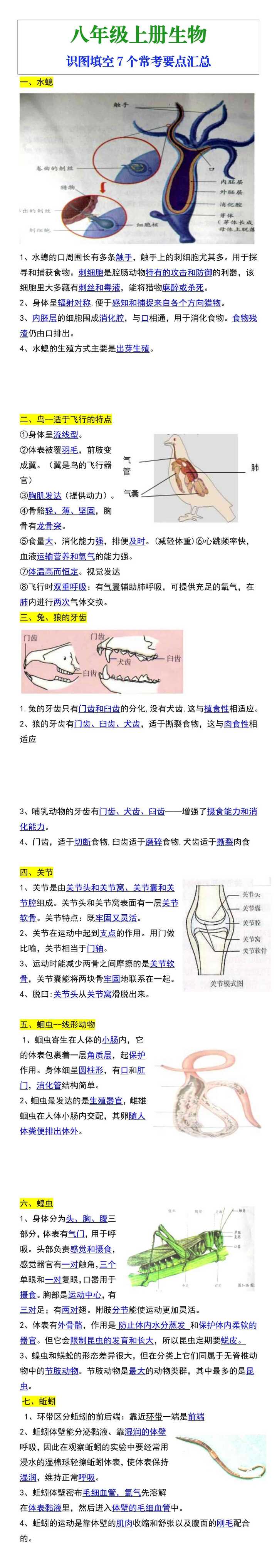 八上生物识图填空7个常考要点汇总