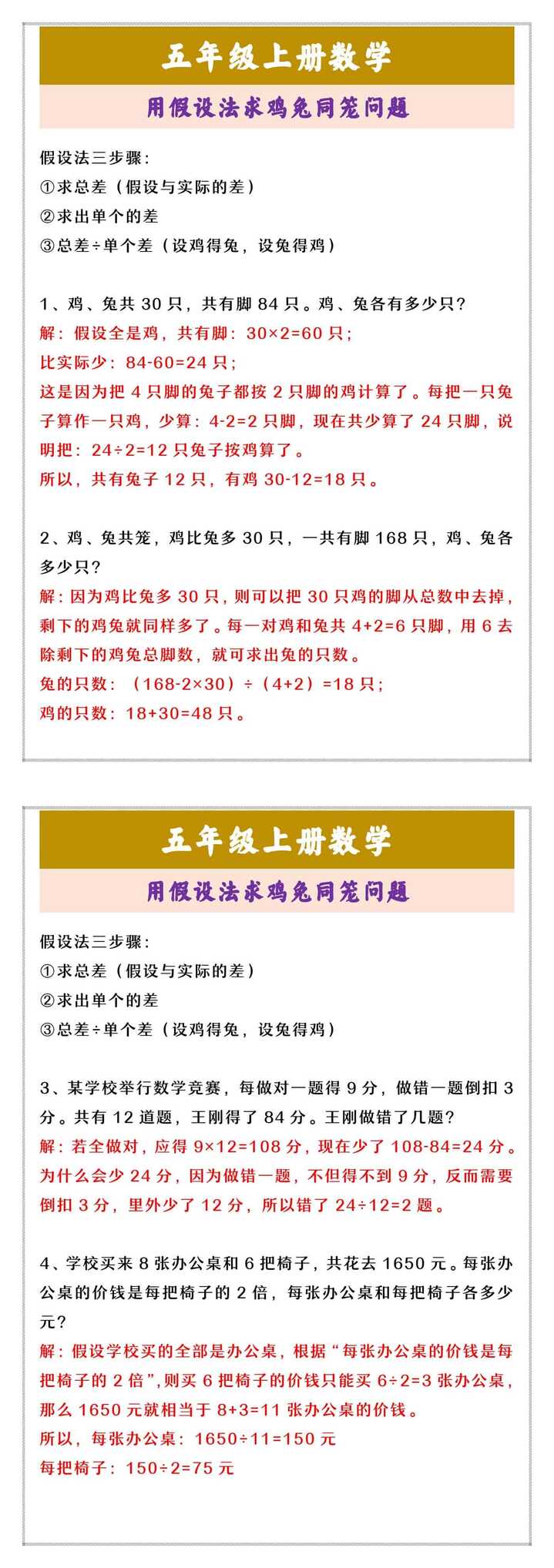 五年级上册数学 用假设法求鸡兔同笼问题