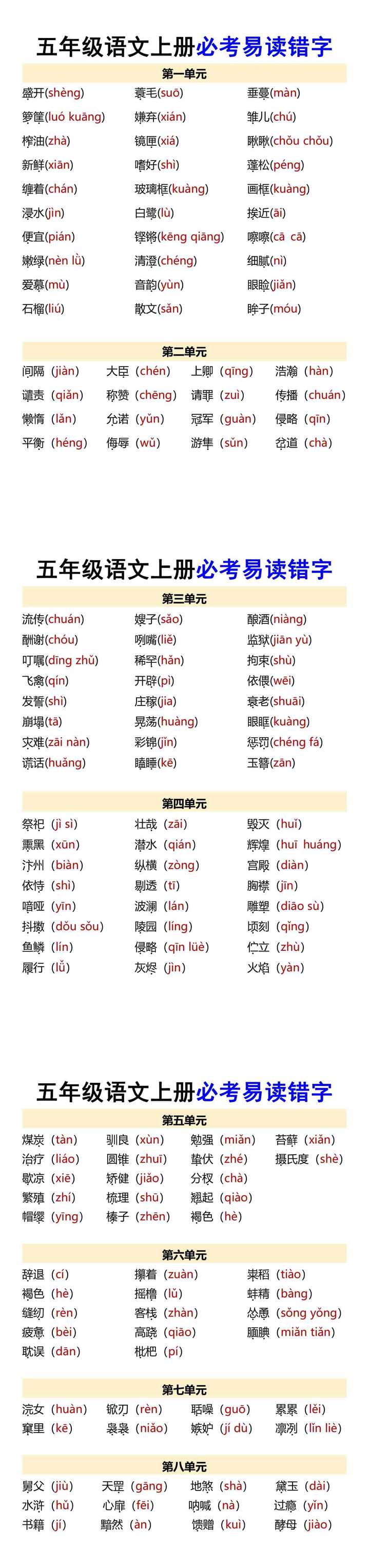 五年级语文上册必考易读错字