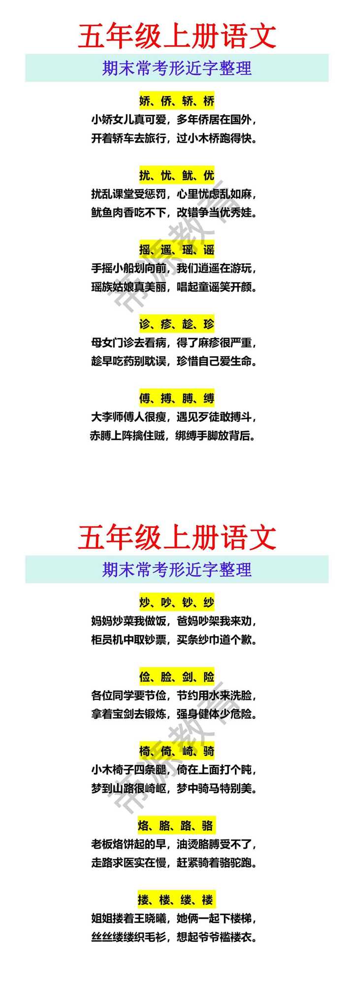 五年级上册语文 期末常考形近字整理