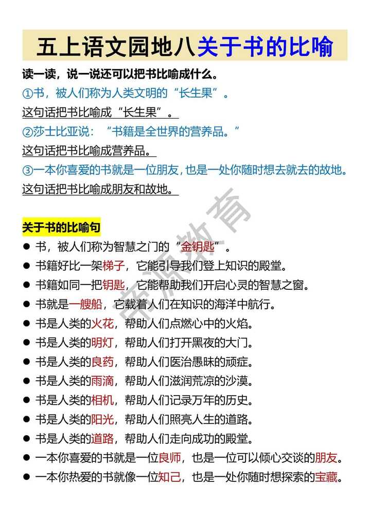 五上语文园地八关于书的比喻