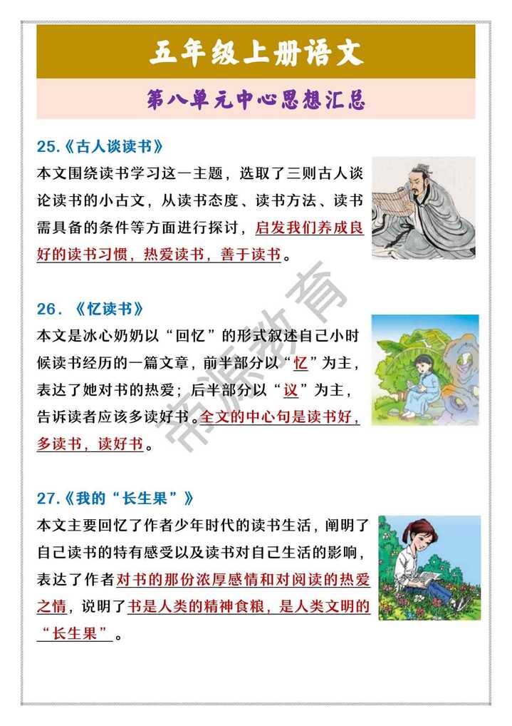 五年级上册语文 第八单元中心思想汇总