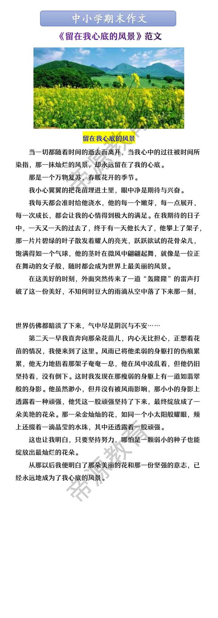 中小学期末作文 《留在我心底的风景》范文  留在我心底的风景