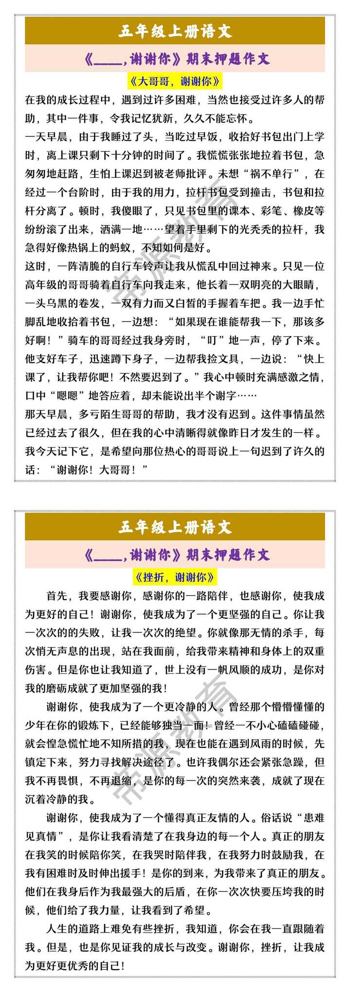 五年级上册语文 《____,谢谢你》期末押题作文