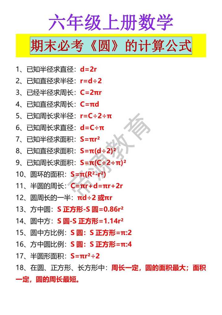 六年级上册数学 期末必考《圆》的计算公式