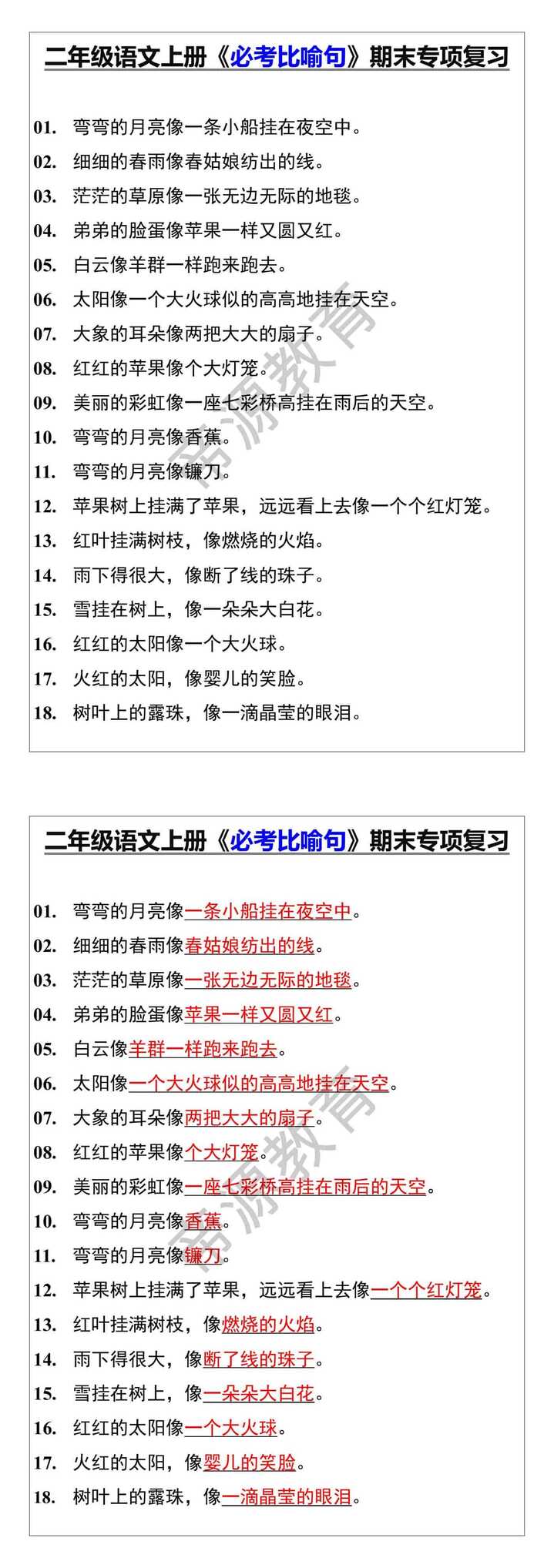 二年级语文上册《必考比喻句》期末专项复习