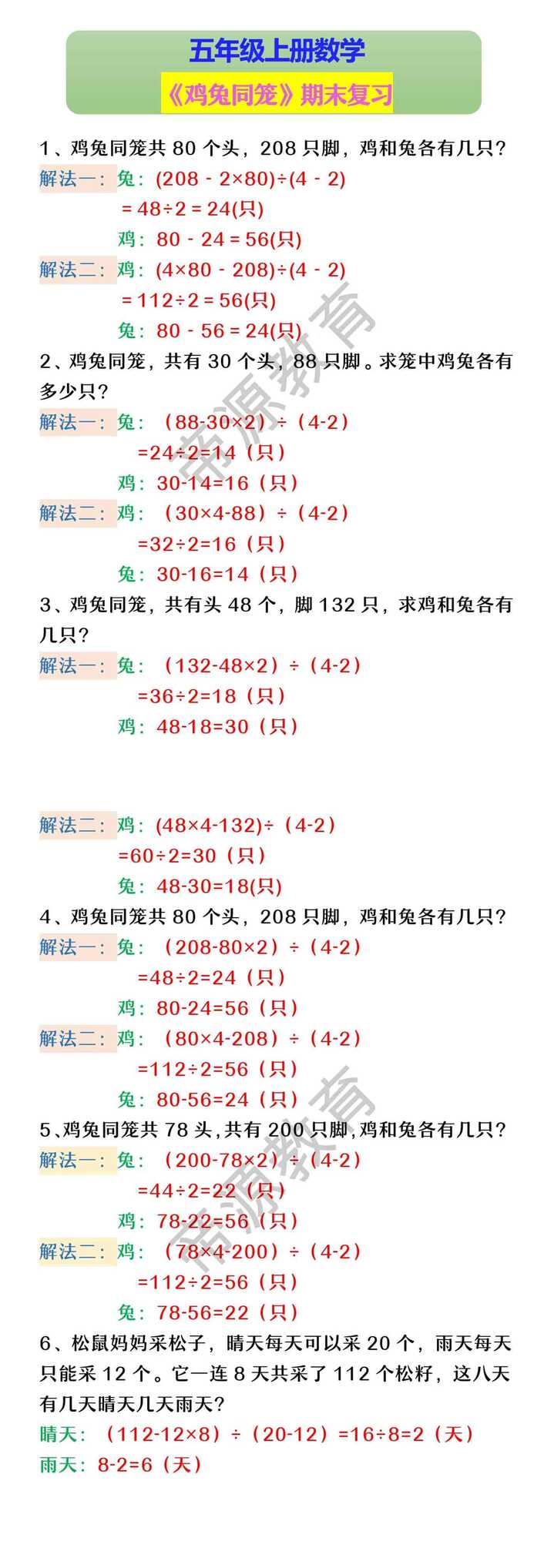 五年级上册数学 《鸡兔同笼》期末复习