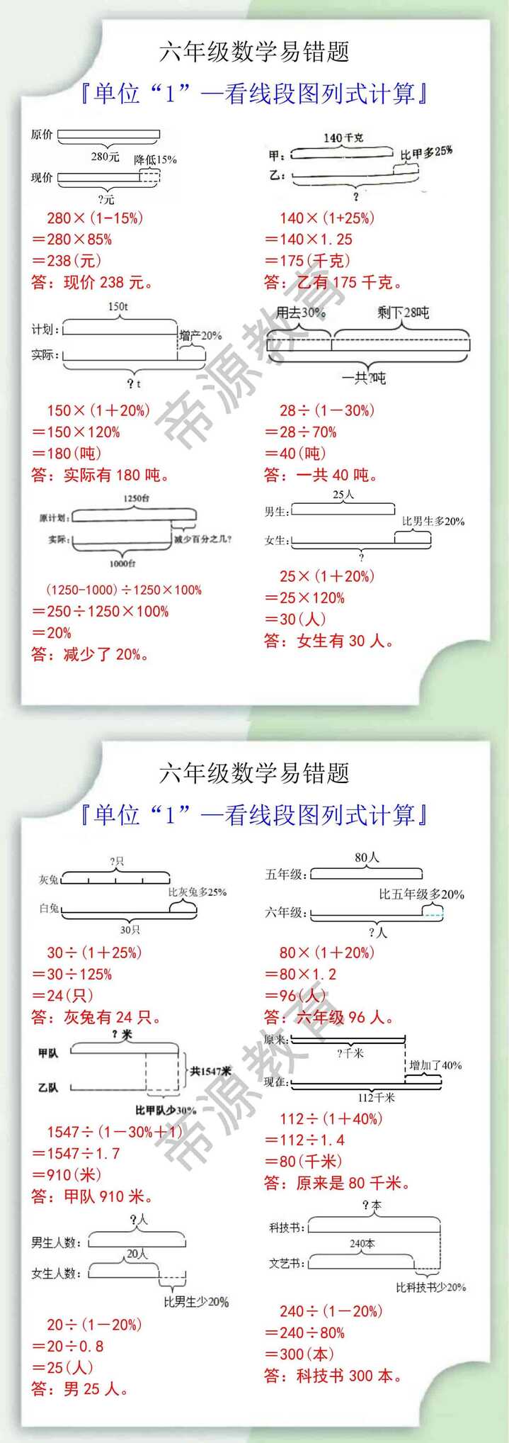 六年级数学单位“1”看线段图列式计算