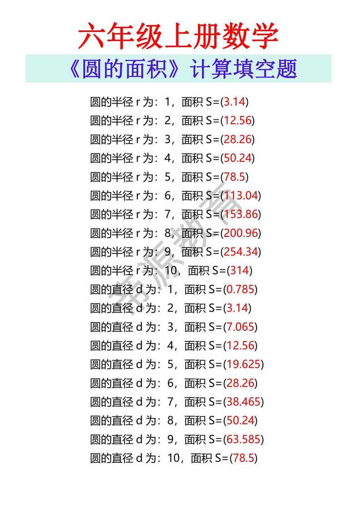 六年级上册数学 《圆的面积》计算填空题