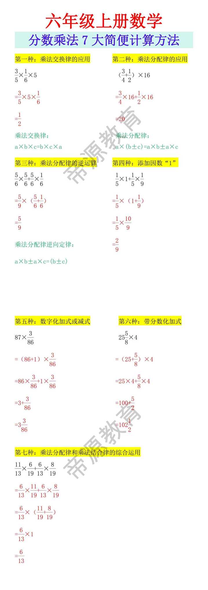 六年级上册数学分数乘法7大简便计算方法