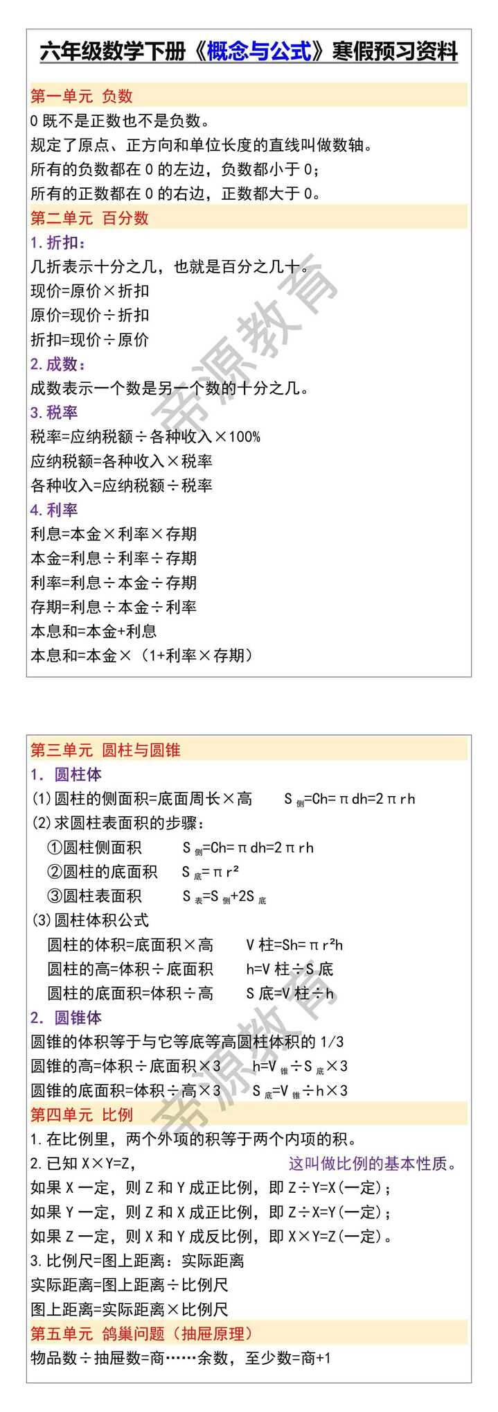 六年级数学下册《概念与公式》寒假预习资料
