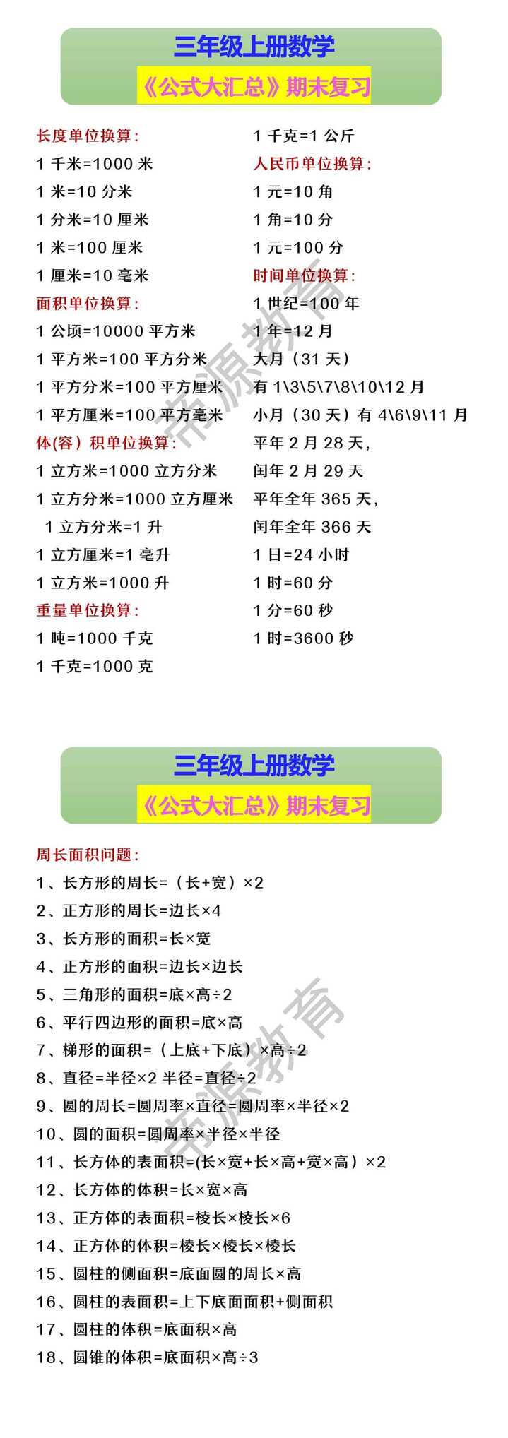 三年级上册数学 《公式大汇总》期末复习