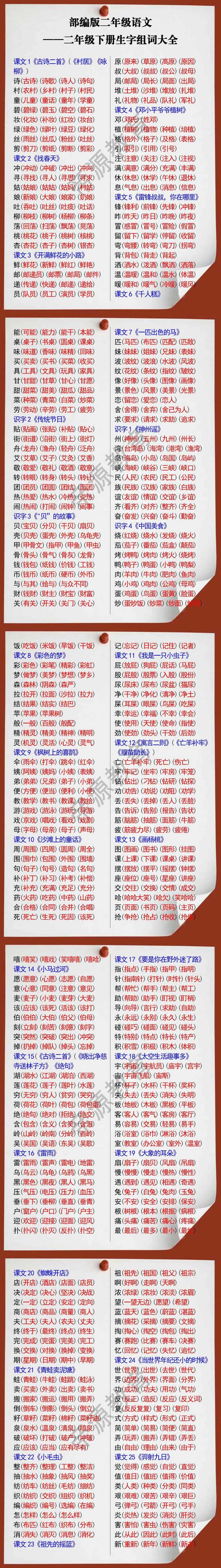 部编版二年级语文下册生字组词大全