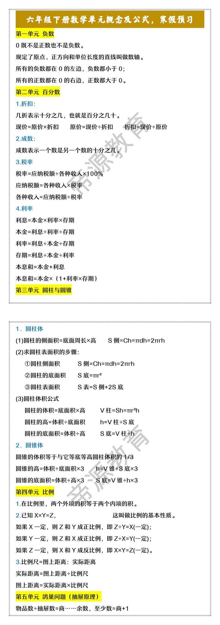 六年级下册数学单元概念及公式，寒假预习