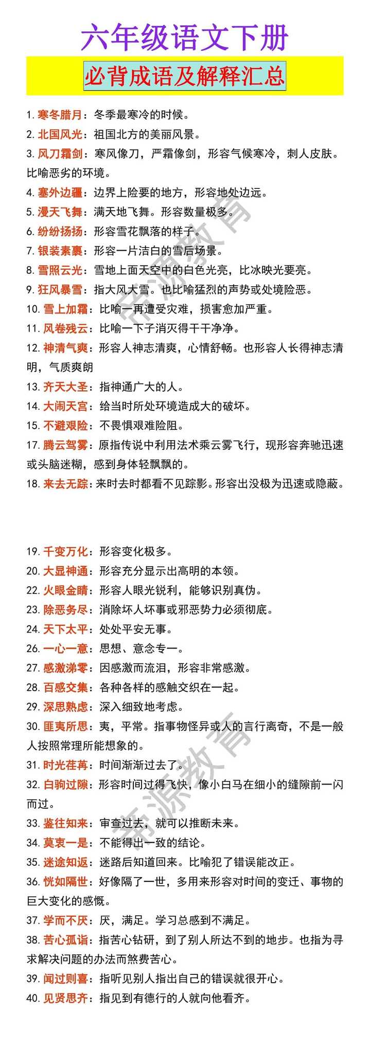 六年级语文下册必背成语及解释汇总