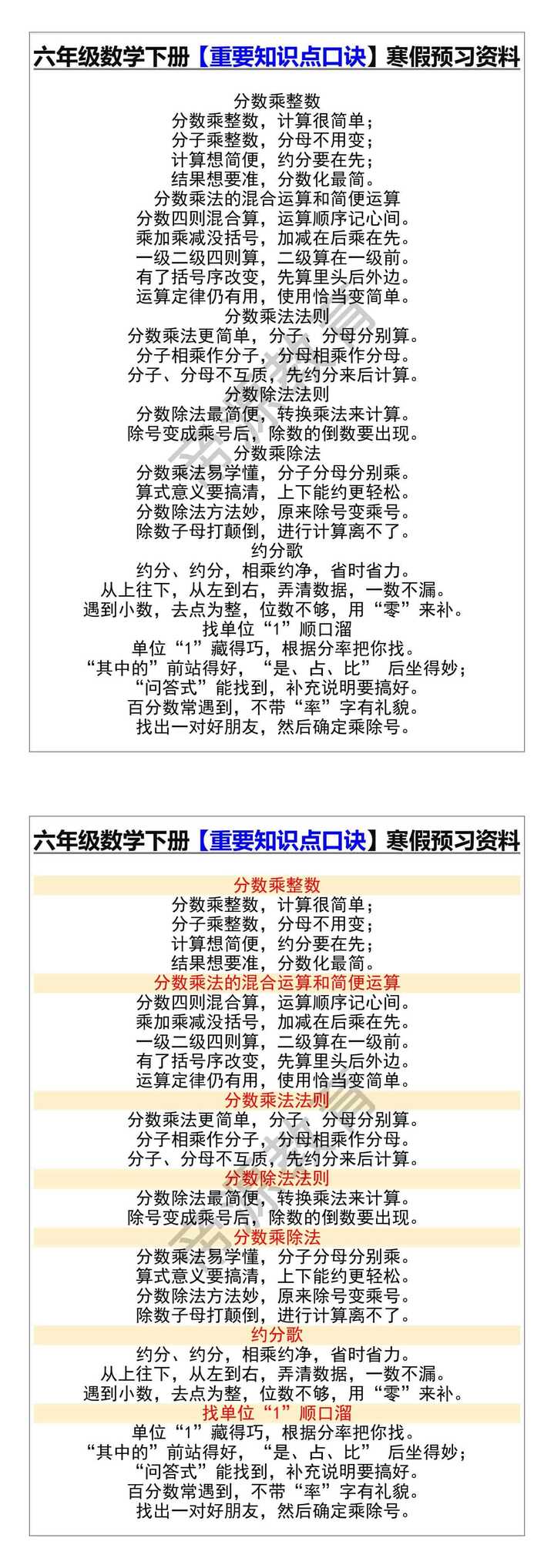 六年级数学下册【重要知识点口诀】寒假预习资料