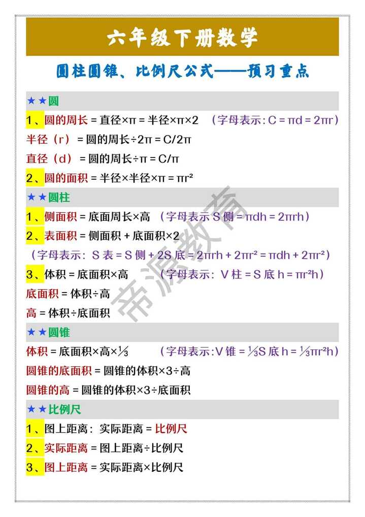 六年级下册数学 圆柱圆锥、比例尺公式——预习重点
