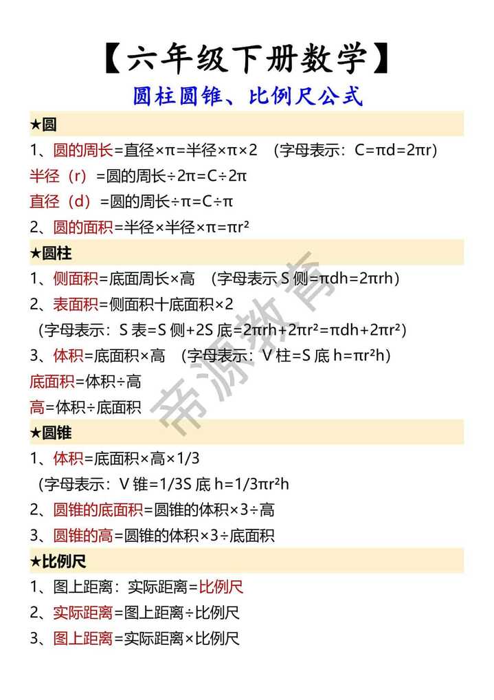 【六年级下册数学】 圆柱圆锥、比例尺公式