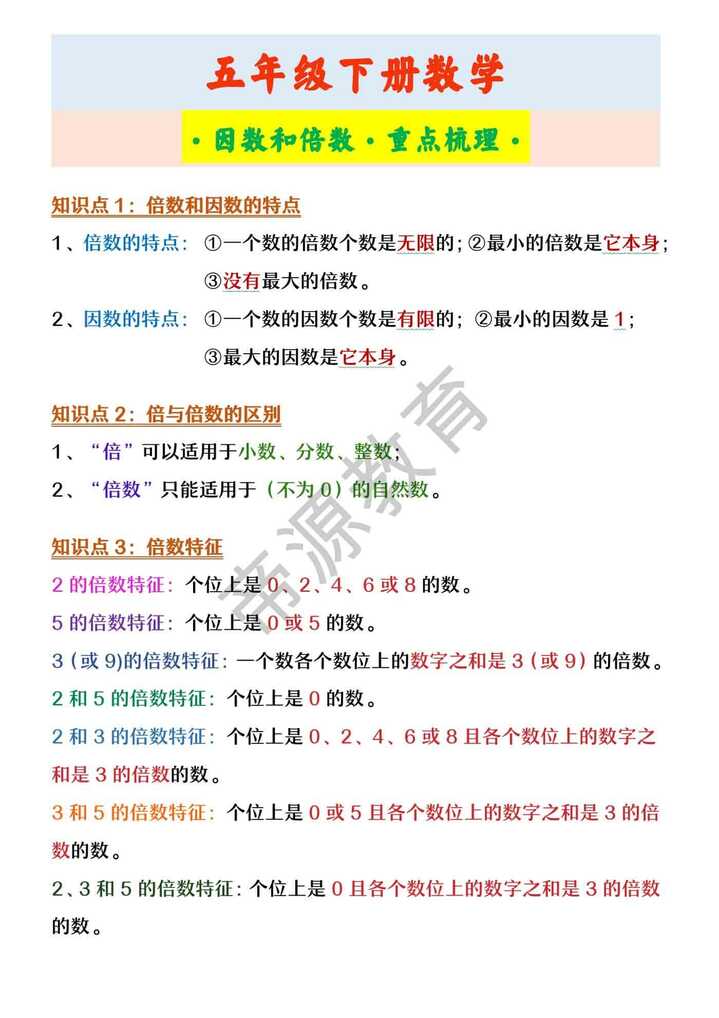 五年级下册数学 ·因数和倍数·重点梳理·