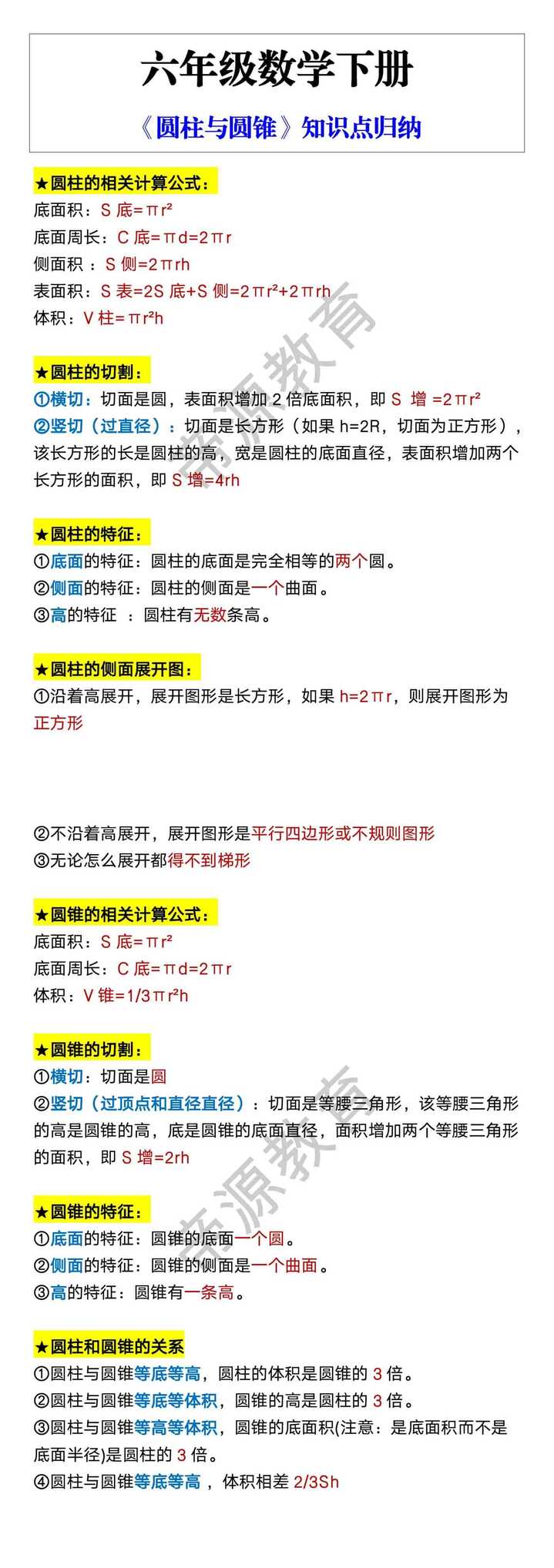 六年级数学下册 《圆柱与圆锥》知识点归纳