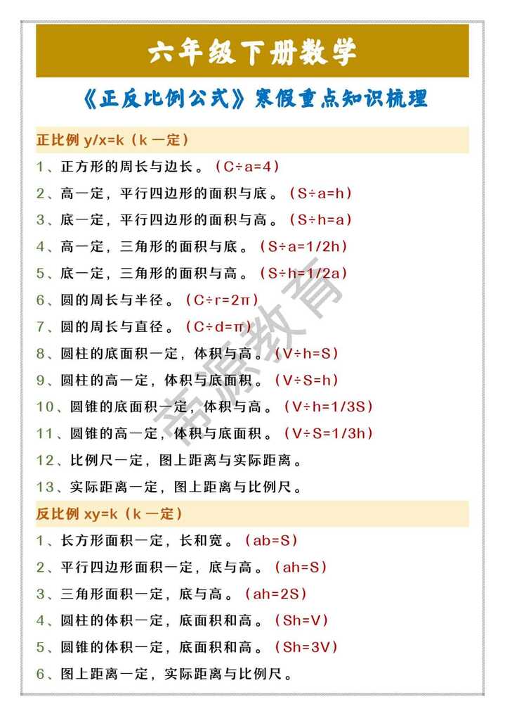 六年级下册数学 《正反比例公式》寒假重点知识梳理
