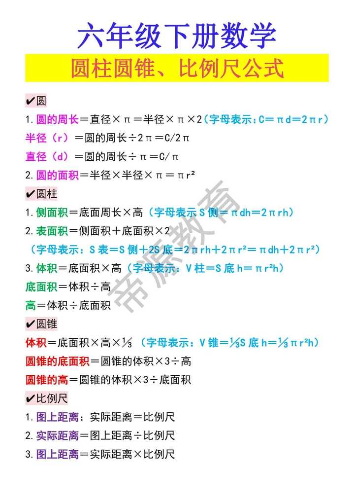 六年级下册数学圆柱圆锥、比例尺公式
