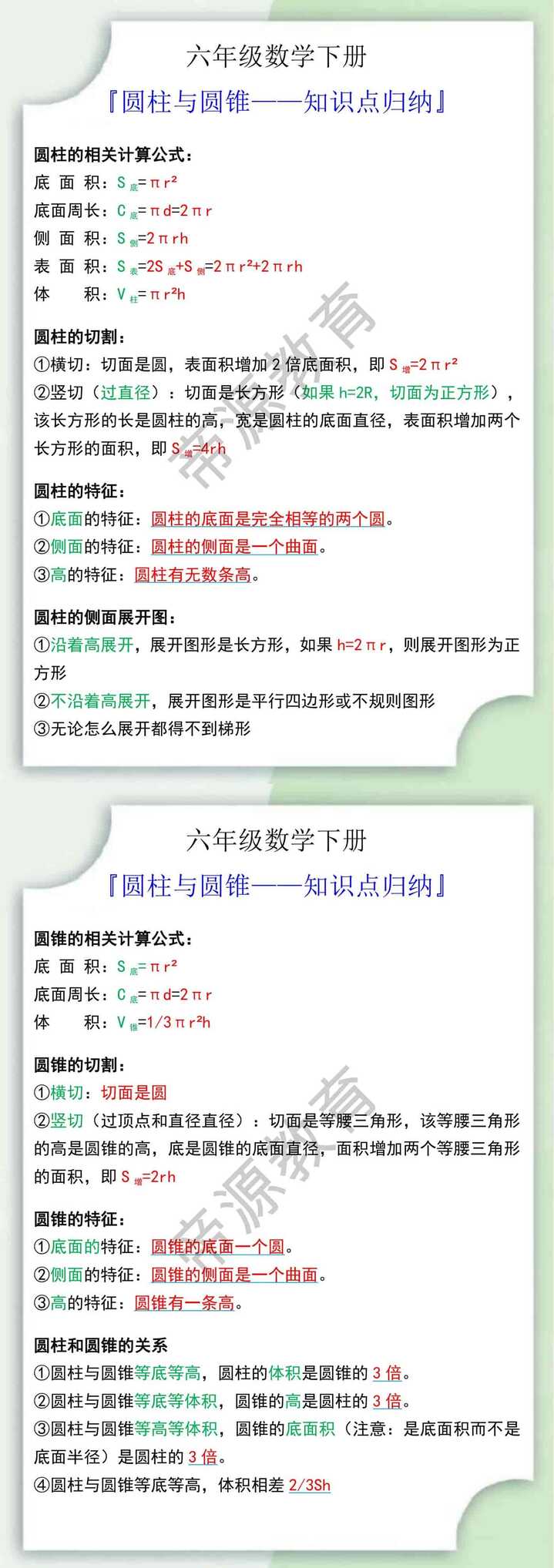 六年级数学下册圆柱与圆锥知识点归纳