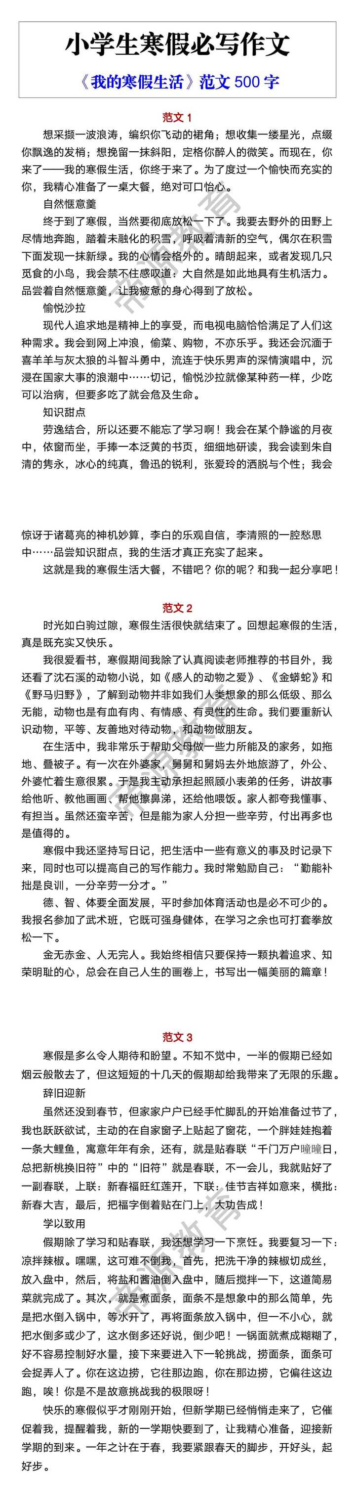 小学生寒假必写作文 《我的寒假生活》范文500字