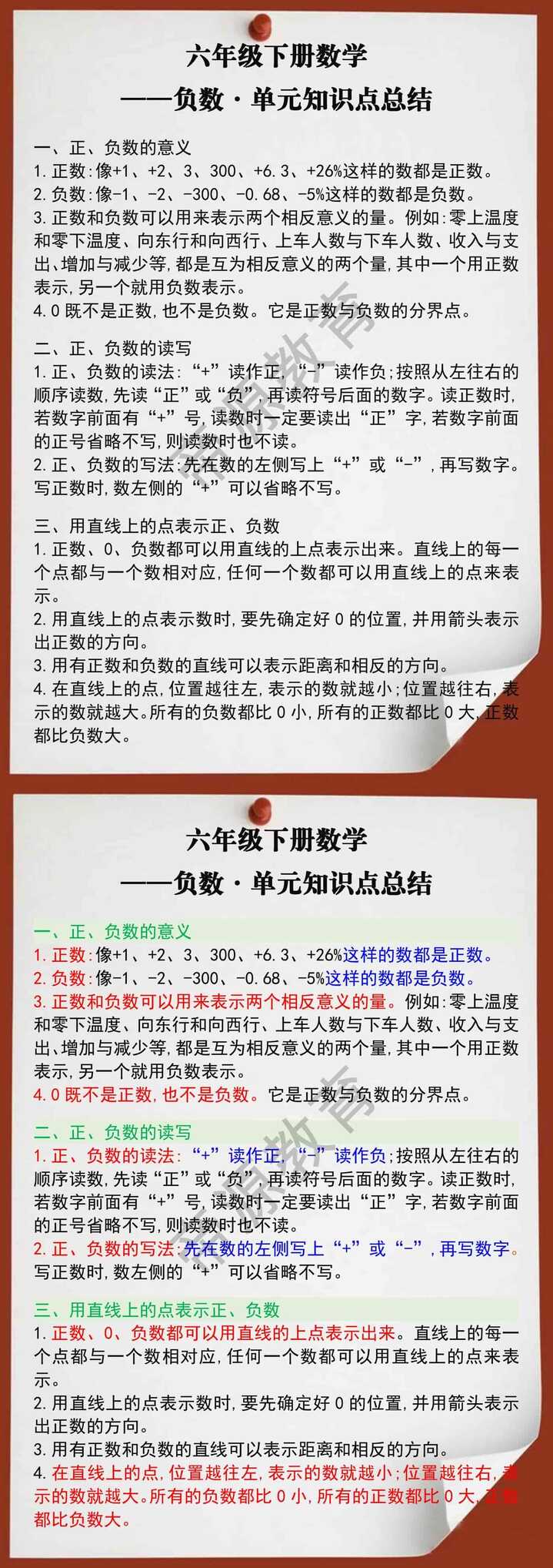 六年级数学下册负数单元知识点总结