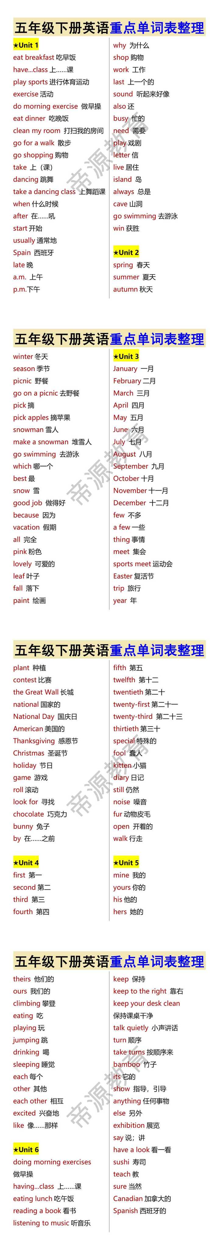 五年级下册英语重点单词表整理