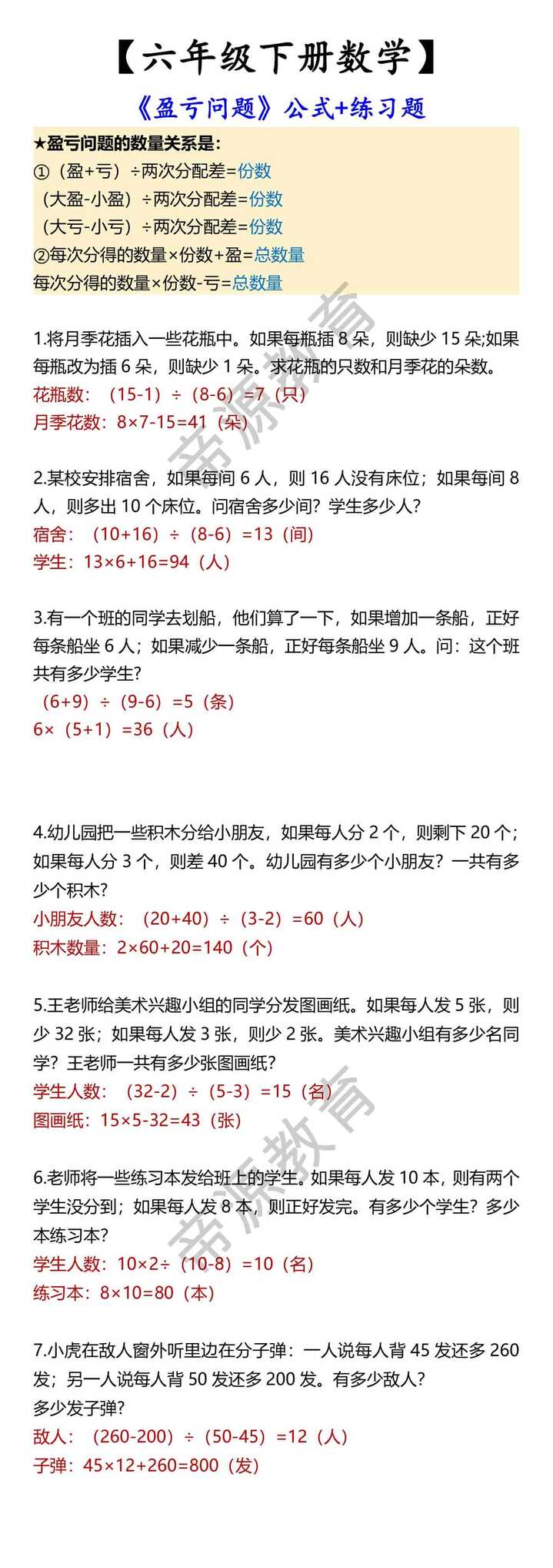 【六年级下册数学】 《盈亏问题》公式+练习题