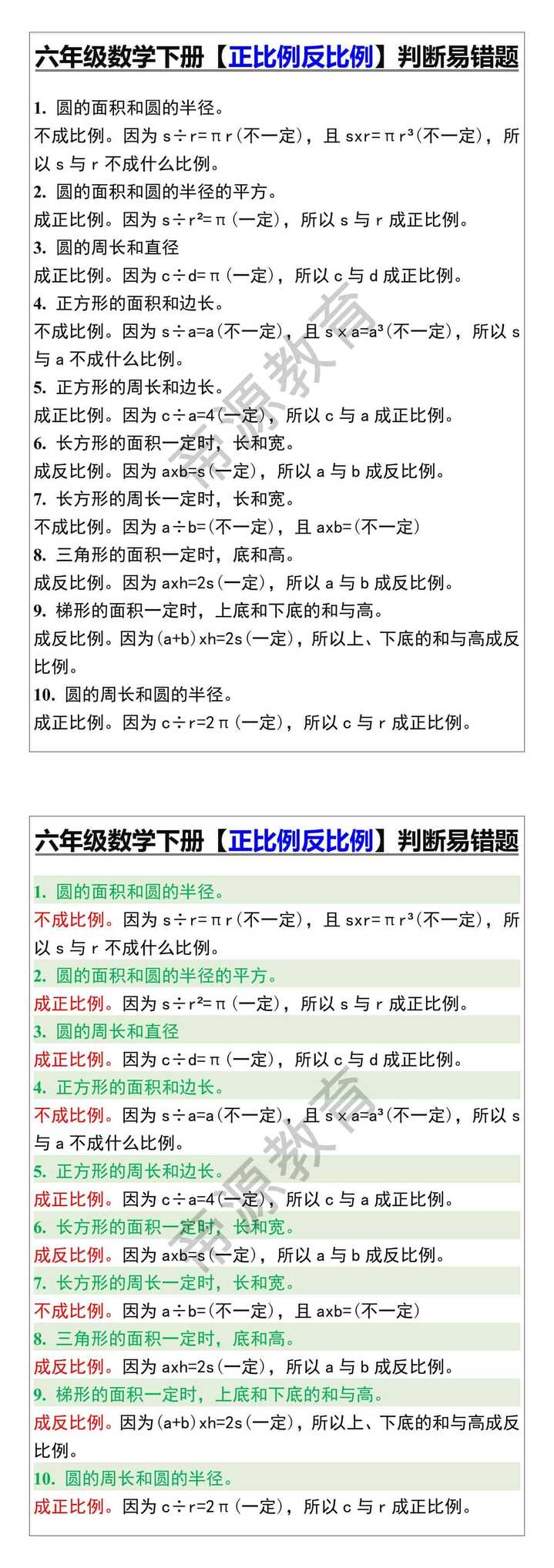 六年级数学下册【正比例反比例】判断易错题