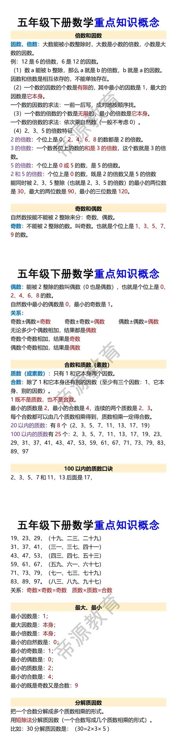 五年级下册数学重点知识概念
