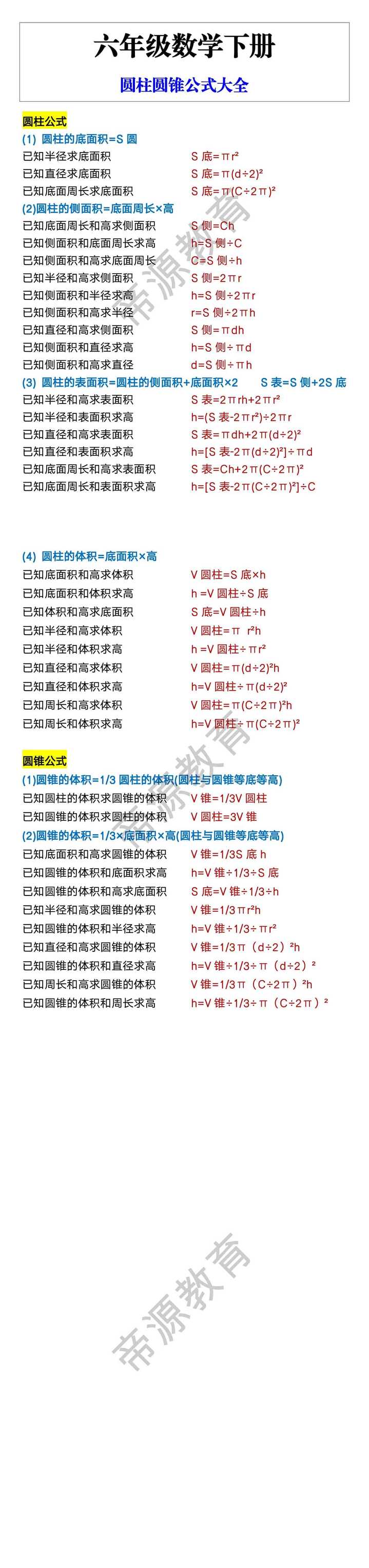 六年级数学下册 圆柱圆锥公式大全
