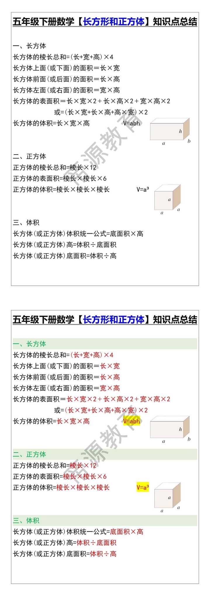 五年级下册数学【长方形和正方体】知识点总结