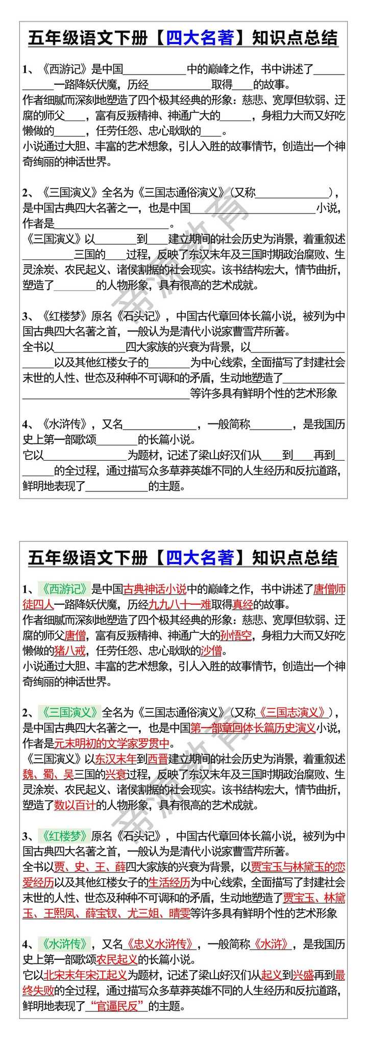 五年级语文下册【四大名著】知识点总结