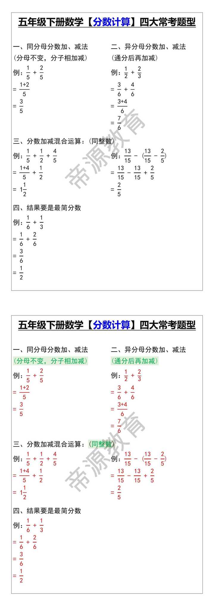 五年级下册数学【分数计算】四大常考题型