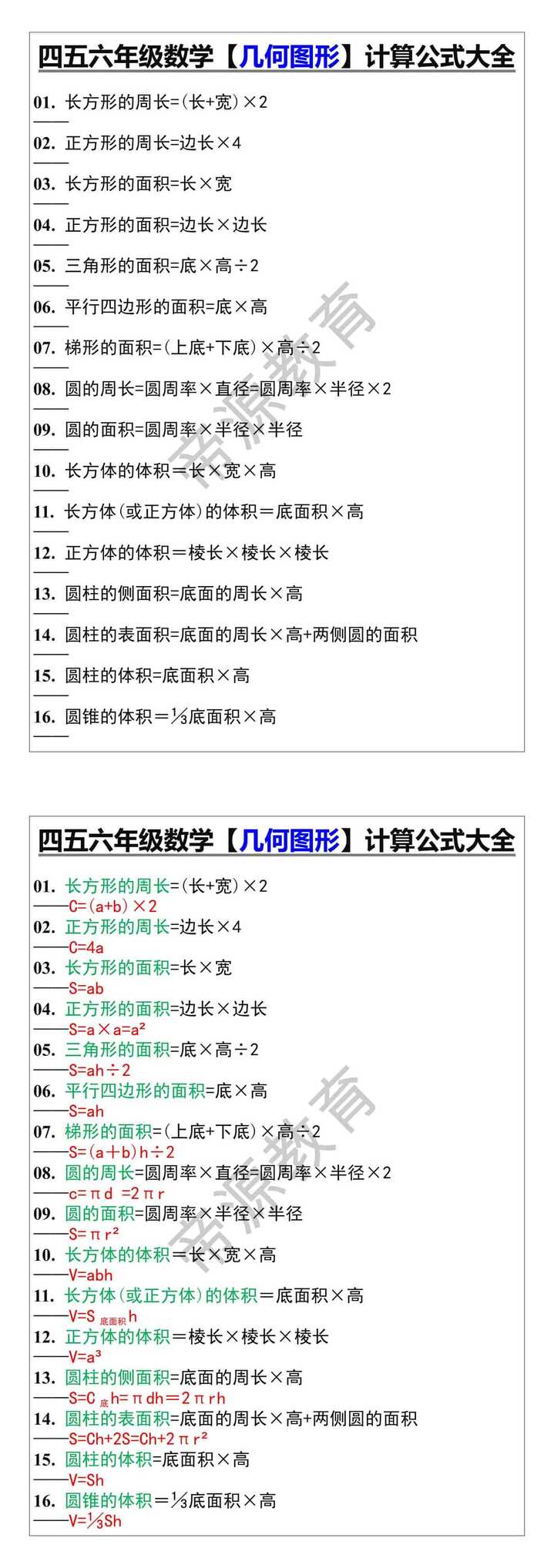 六年级数学【几何图形】计算公式大全