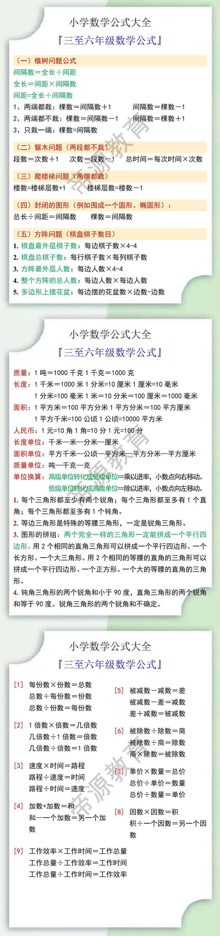 小升初数学必考三至六年级数学公式大全