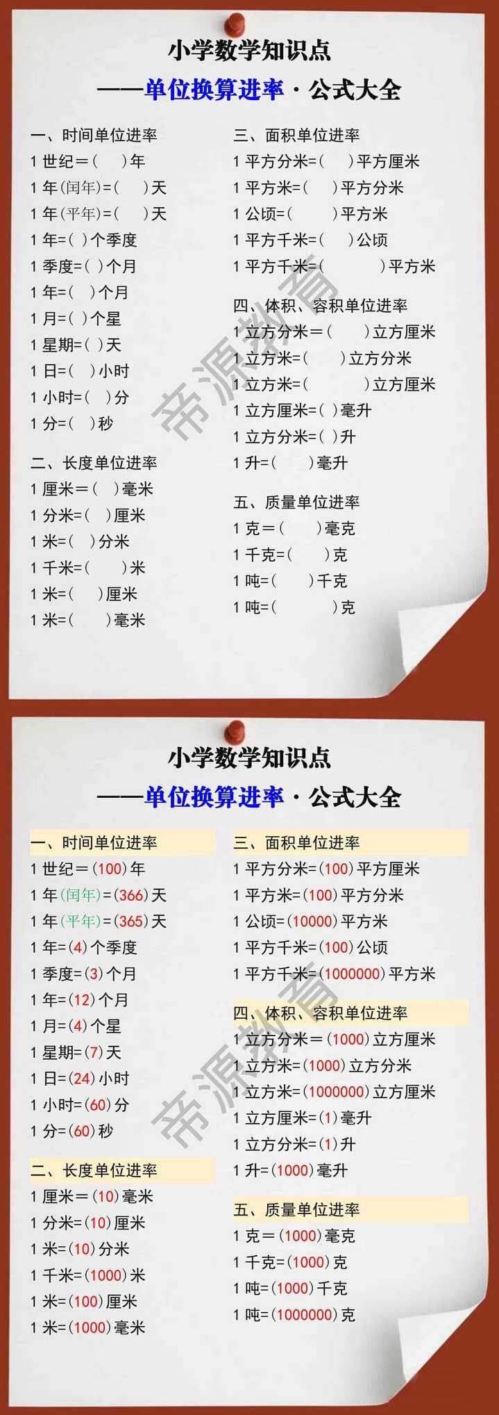 小升初数学必考单位换算进率表