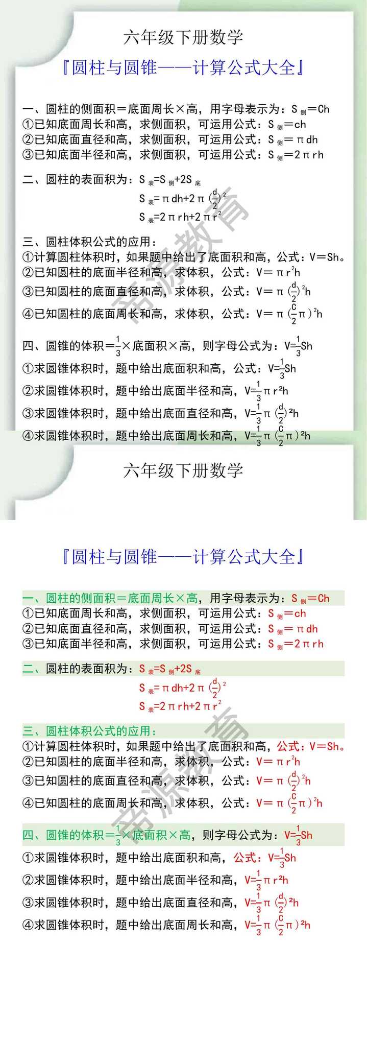 六年级数学下册圆柱与圆锥计算公式大全