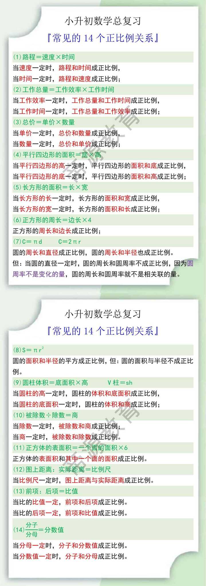 小升初数学总复习之常见的14个正比例关系