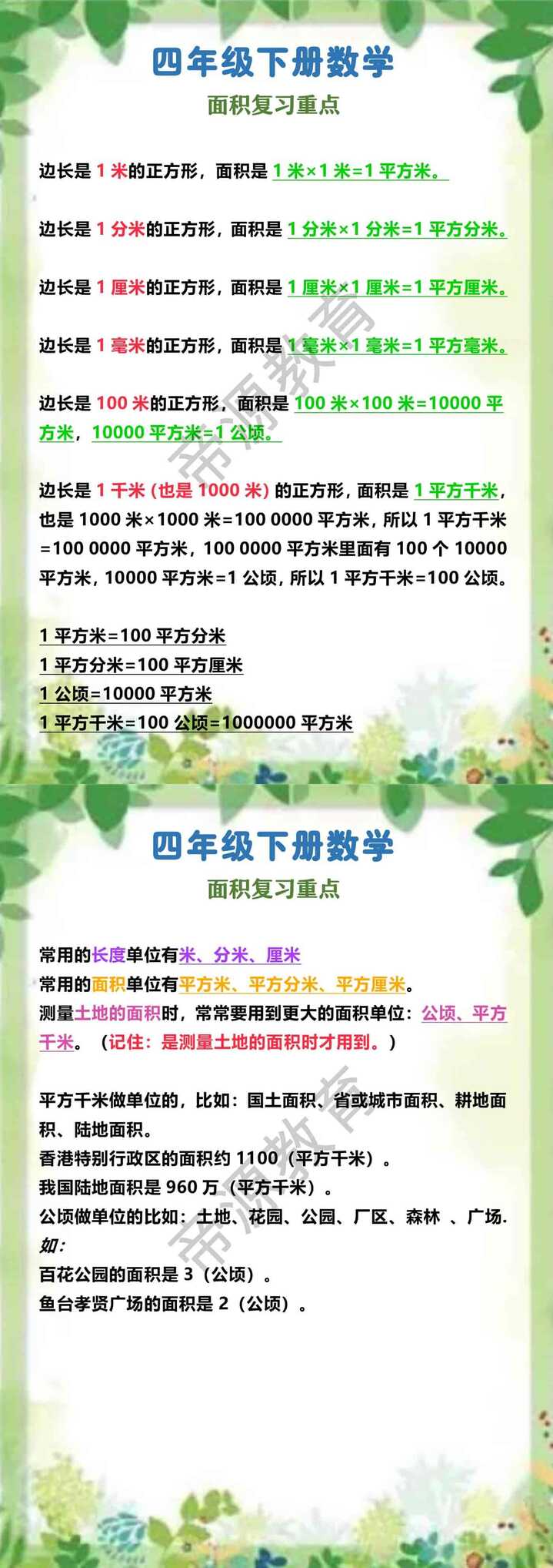 四年级下册数学 面积复习重点
