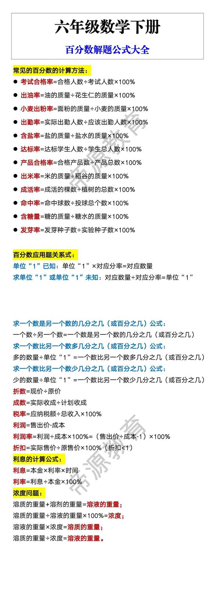 六年级数学下册 百分数解题公式大全