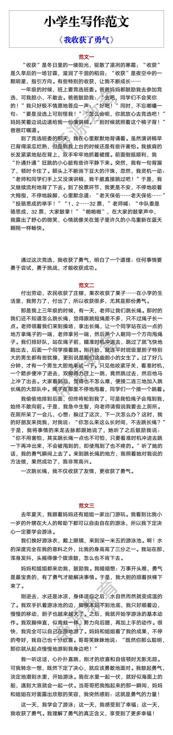 小学生写作范文 《我收获了勇气》